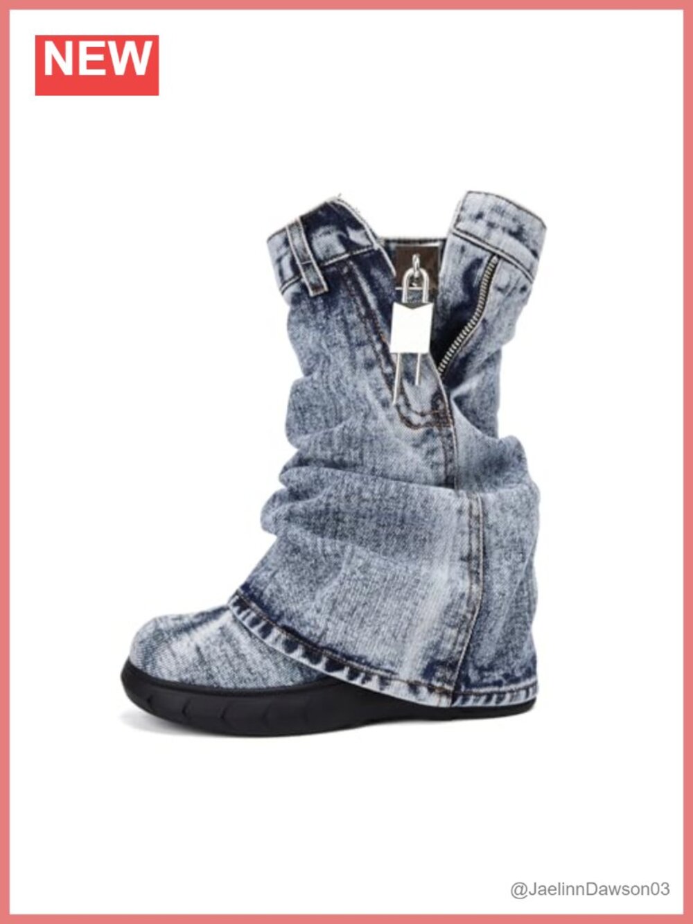 Denim Mid Calf Chunky Platform Booties with Side Zipper and Padlock